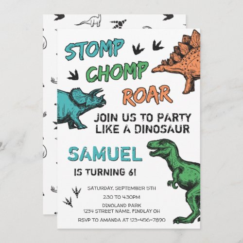 Dinosaurs Stomp Chomp Roar Birthday Party Any Age Invitation