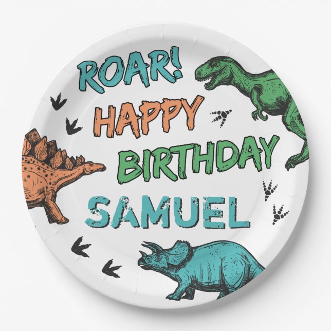 Dinosaurs Stomp Chomp Roar Birthday Party, Any Age Paper Plates (Front)