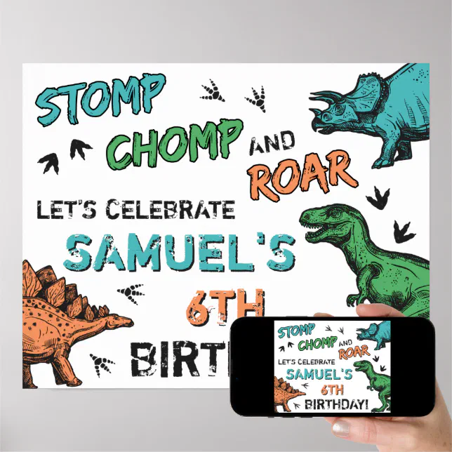 Dinosaurs Stomp Chomp Roar Birthday Party Any Age Poster Zazzle