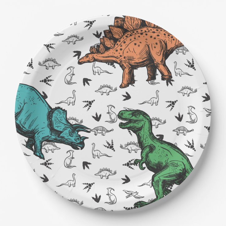 Dinosaurs Stomp Chomp Roar Birthday Party Pattern Paper Plates | Zazzle