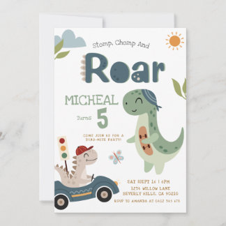 Dinosaurs Stomp Chomp Roar Boy Birthday Invitation