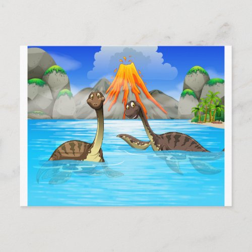 Dinosaurs swimming in the lake postcard