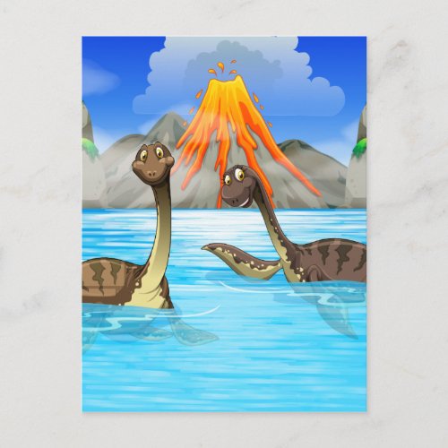 Dinosaurs swimming in the lake postcard