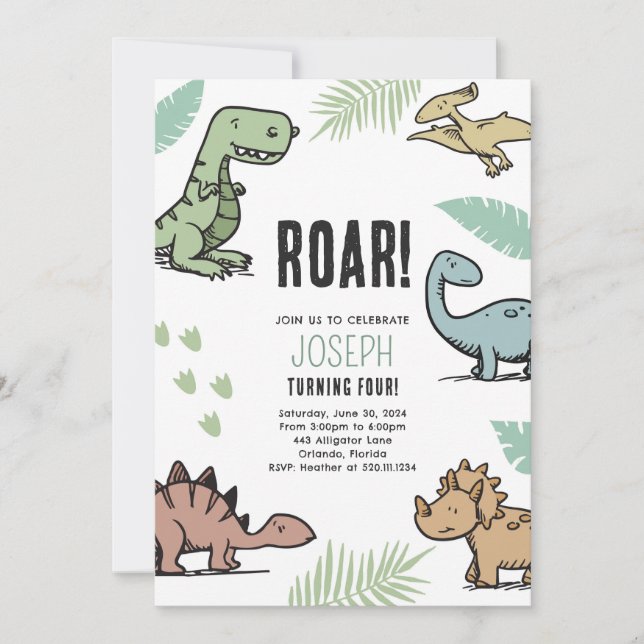 Dinosaurs T-rex Birthday Party Invite (Front)