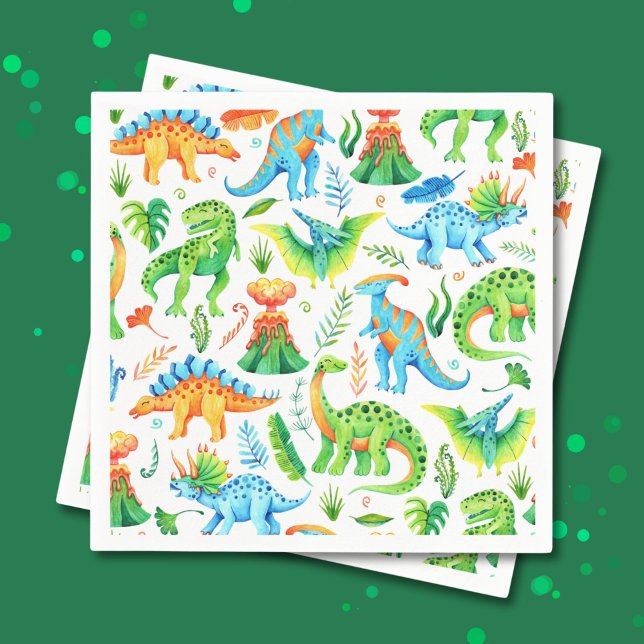 Dinosaurs T rex, Stegosaurus, Brontosaurus Boys Napkins (Watercolor Dinosaurs Green, Orange, Blue Napkins)