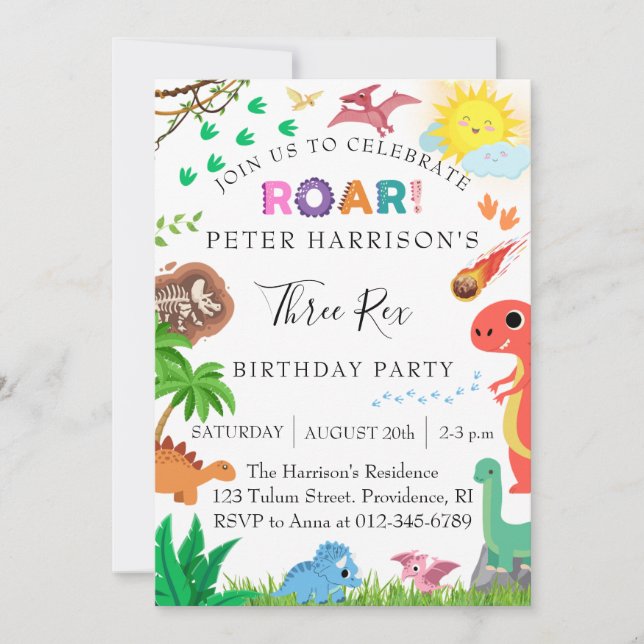 Dinosaurs Three Rex Birthday Party Invitation (Front)