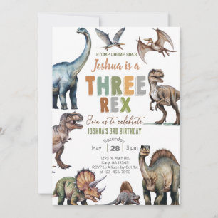 Dinosaurs THREE-REX boy 3rd birthday invite. Invitation