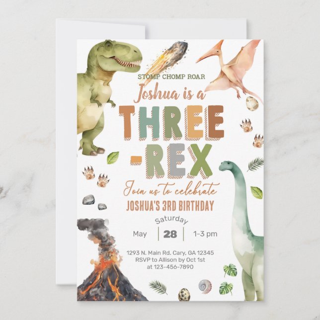 Dinosaurs Three-Rex boy 3rd birthday invite. Invitation (Front)