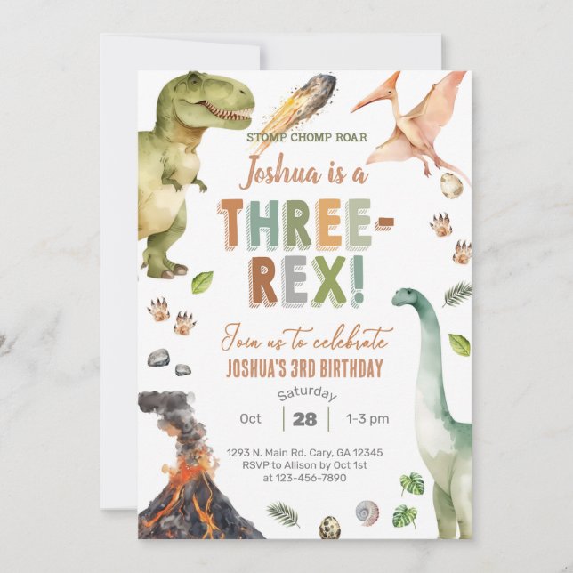 Dinosaurs Three-Rex boy 3rd birthday invite. Invitation (Front)