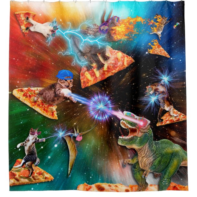 Dinosaurs vs. Kitties Space Battle Shower Curtain (Front)