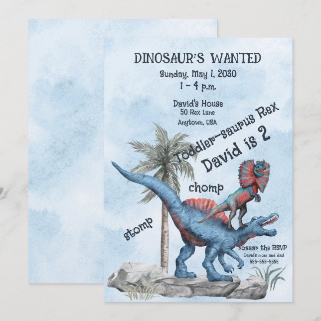 DINOSAUR'S WANTED 2 Year Old Birthday Invitation (Front/Back)