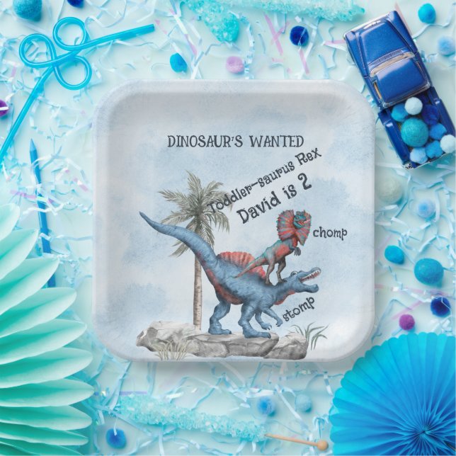 DINOSAUR'S WANTED 2 Year Old Birthday Paper Plates (Party)