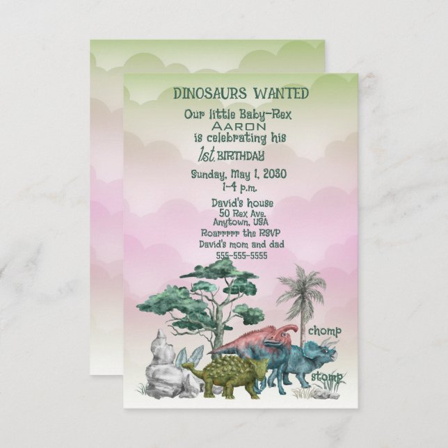 Dinosaurs Wanted Baby's First Birthday Invitation (Front/Back)