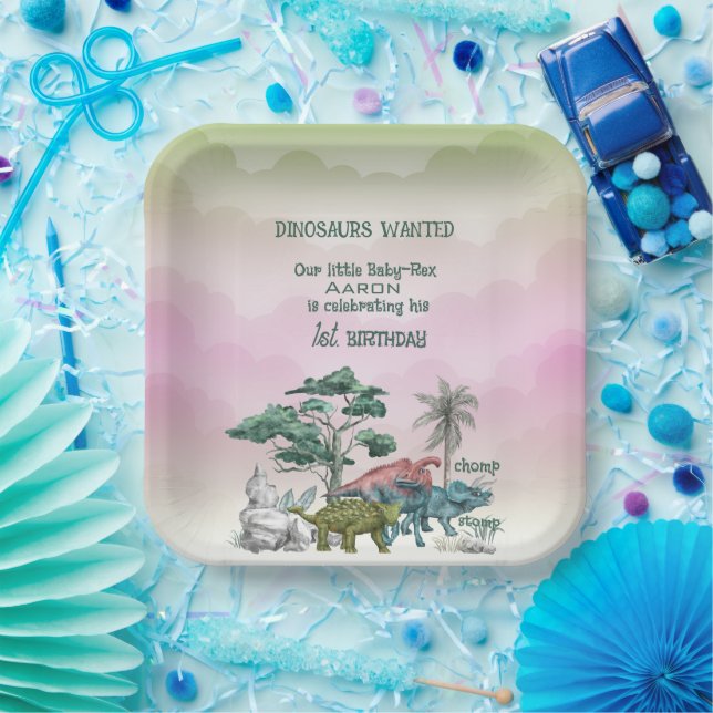 Dinosaurs Wanted Baby's First Birthday Paper Plates (Party)