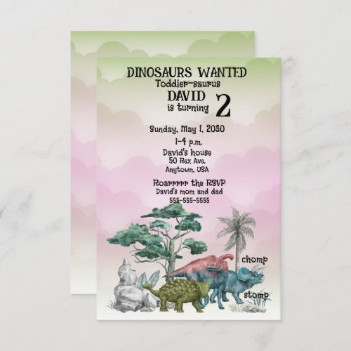 Dinosaurs Wanted Toddler 2nd Birthday Invitation