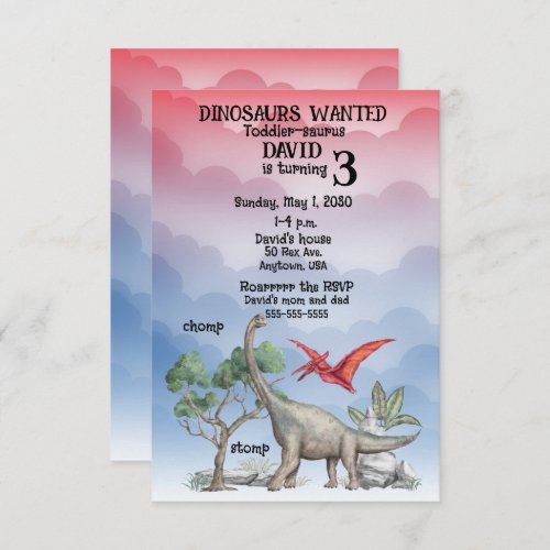 Dinosaurs Wanted Toddler Birthday Invitation