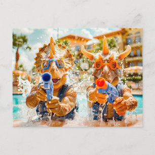 Dinosaurs Water Fight on Beach Holiday Postcard