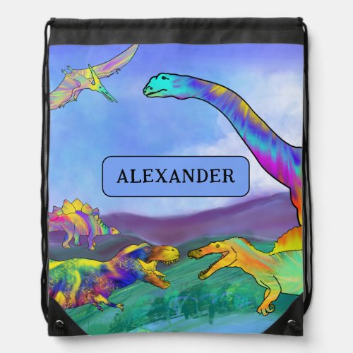 Dinosaurs Watercolor Boys Name School Drawstring Bag