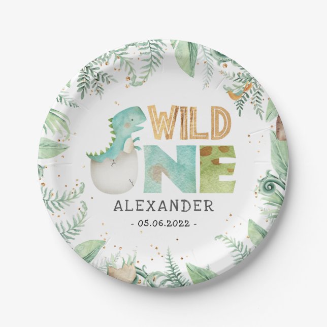 Dinosaurs Wild One 1st Birthday Paper Plate (Front)