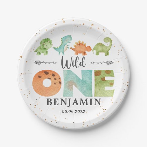 Dinosaurs Wild One 1st Birthday Watercolor Paper Plates