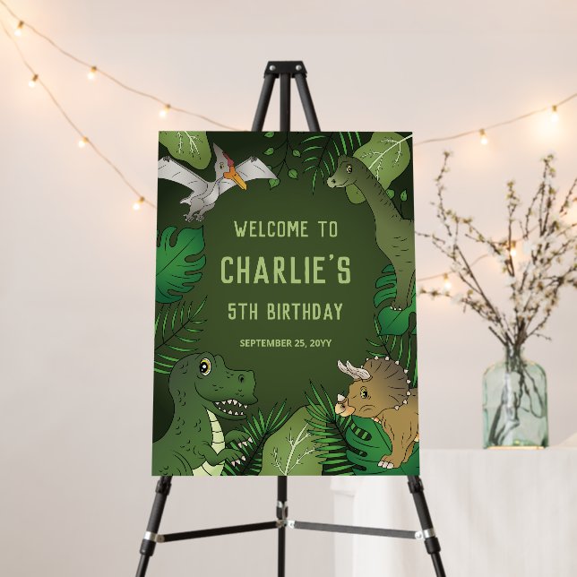 Dinosaurs With Green Plants Birthday Party Welcome Foam Board (In Situ (Stand))