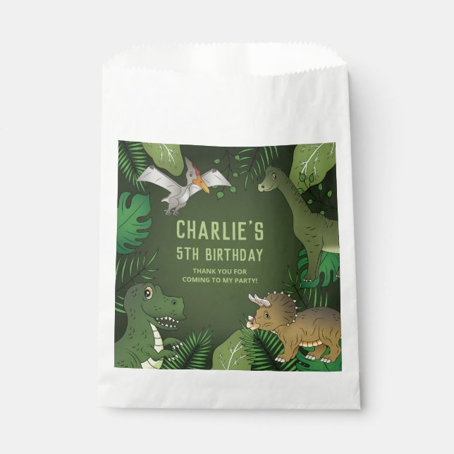 Dinosaurs With Green Plants Thank You Birthday Favor Bag (Front)