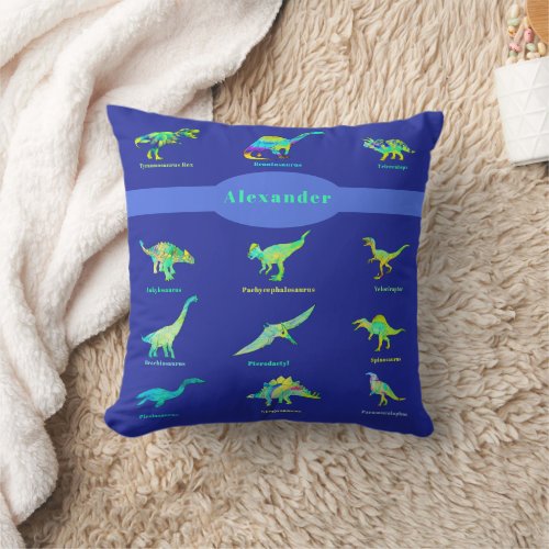 Dinosaurs with names blue throw pillow