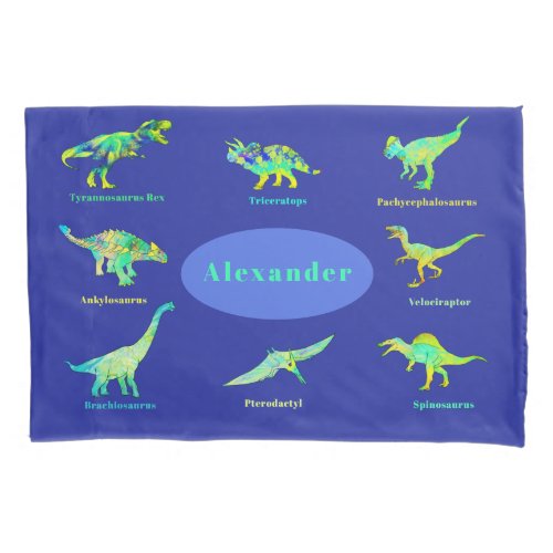 Dinosaurs with names Colorful Blue Pillow Case
