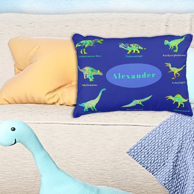 Dinosaurs with names Colorful Blue Pillow Case (Colorful dinosaurs with names custom blue pillow case T-Rex velociraptor stegosaurus triceratops )