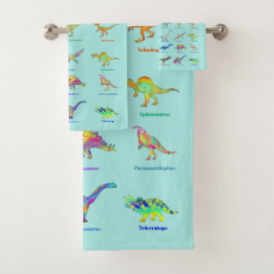 Dinosaurs with names Colorful Pattern Teal Bath Towel Set