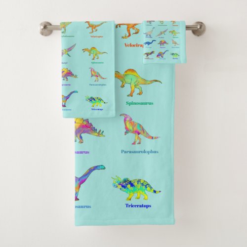 Dinosaurs with names Colorful Pattern Teal Bath Towel Set