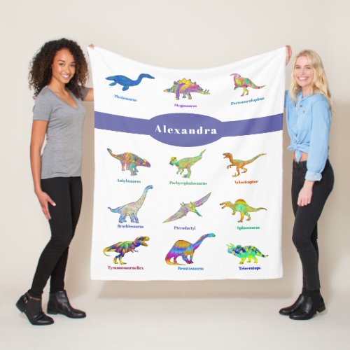 Dinosaurs with names colorful Personalize Purple Fleece Blanket