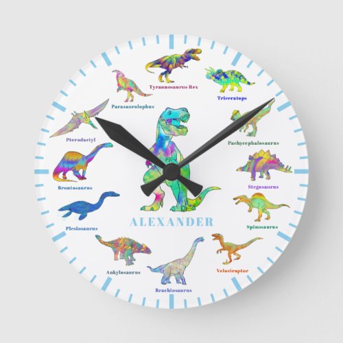 Dinosaurs with names colorful Personalized Blue Round Clock