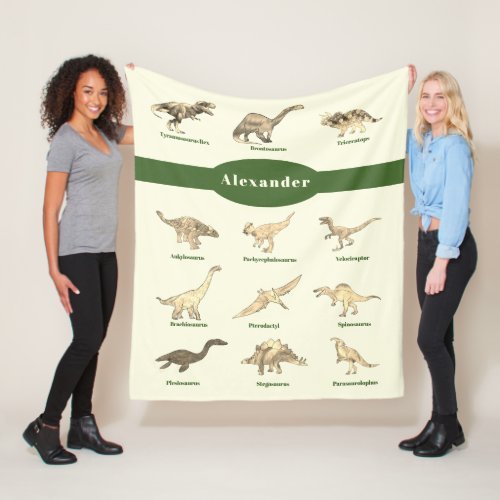 Dinosaurs with names Dark Green Fleece Blanket