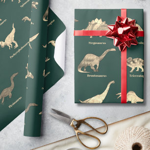 Dinosaurs With Names Pattern Green Wrapping Paper