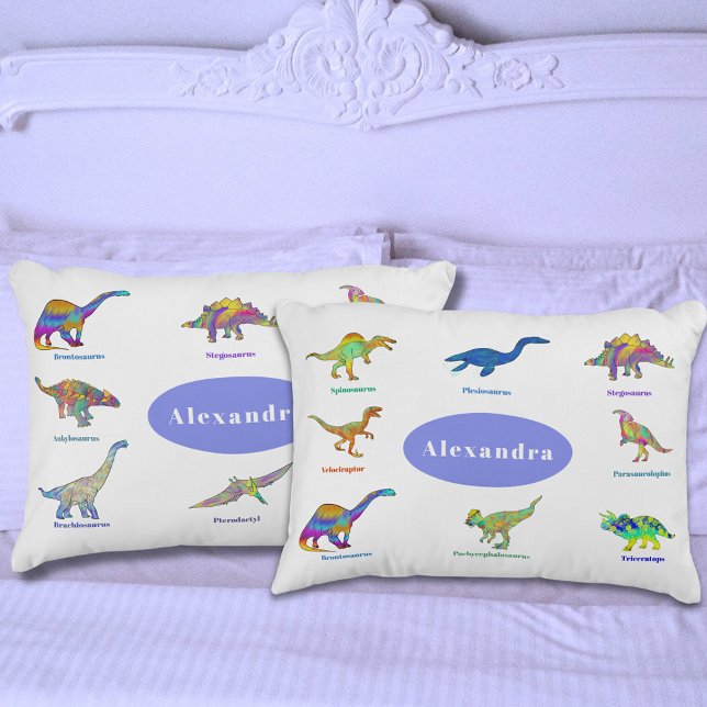 Dinosaurs with Names Pattern Periwinkle Pillow Case (Dinosaurs with names colorful pattern personalized name periwinkle dino pillow case)