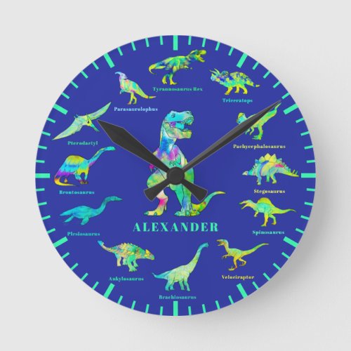Dinosaurs with names Personalized blue green Round Clock