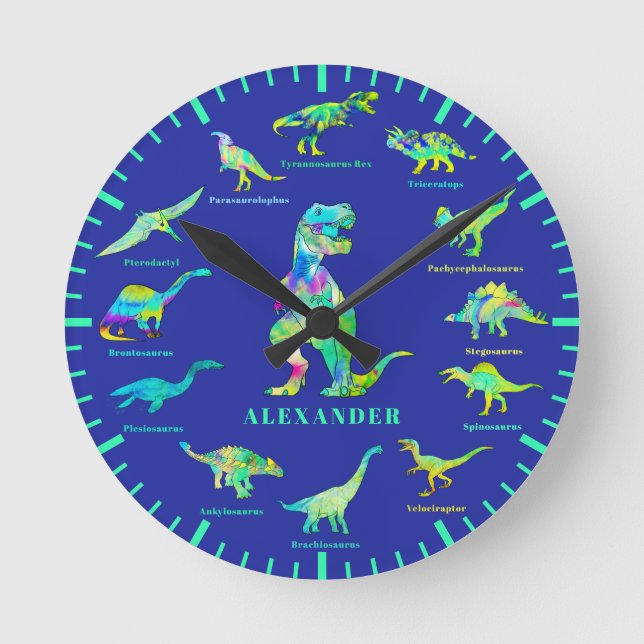 Dinosaurs with names Personalized blue green Round Clock (Front)