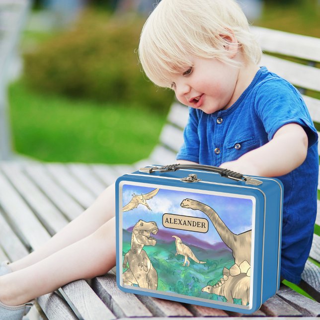 Dinosaurs with names personalized metal lunch box (Dinosaur custom name lunchbox ideal for kindergarten or school with T-Rex brontosaurus stegosaurus )