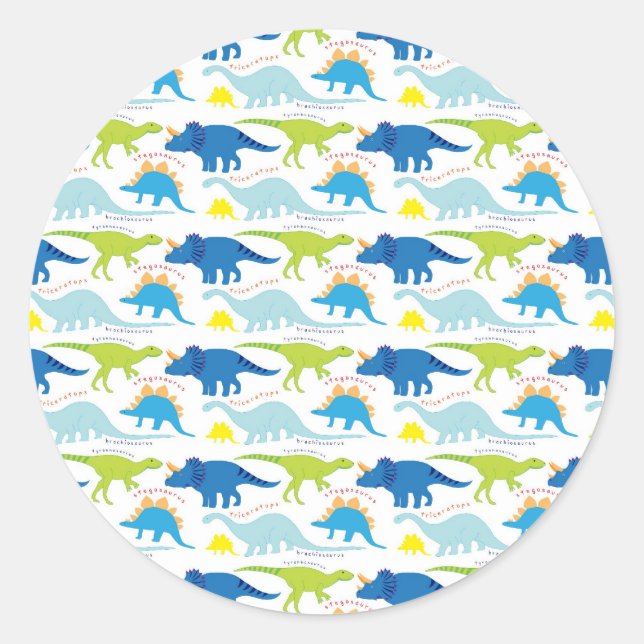 Dinosuar Designs Blue and Green Pattern Dino Gifts Classic Round Sticker (Front)