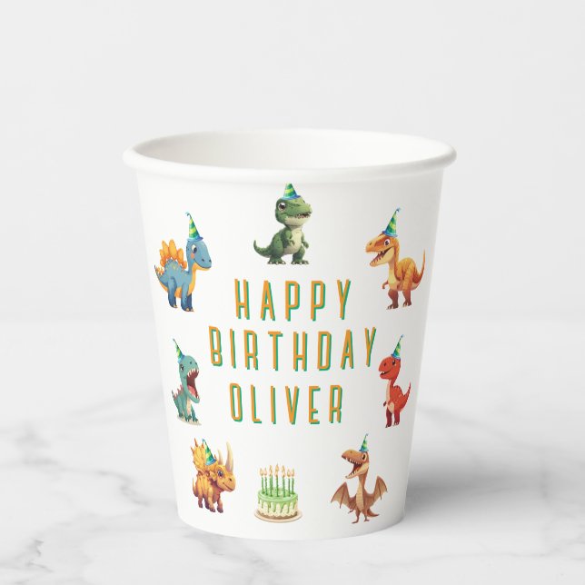 Dinsoaur birthday,watercolor t-rex, paper cup (Front)