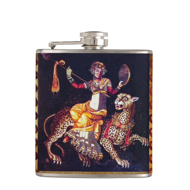 DIONYSOS WITH A SPEAR RIDING LEOPARD Greek Mosaic  Flask (Front)