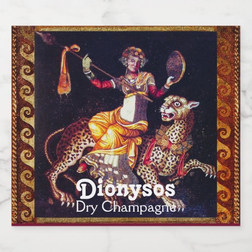 DIONYSOS WITH A SPEAR RIDING LEOPARD Greek Mosaic Sparkling Wine Label