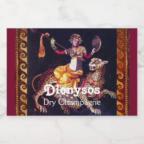 DIONYSOS WITH A SPEAR RIDING LEOPARD Greek Mosaic  Sparkling Wine Label