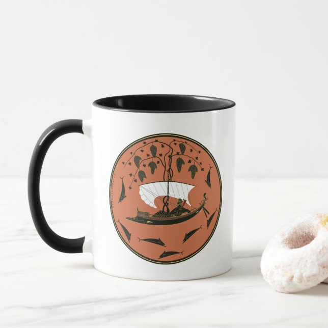 Dionysus Cup: Greek God on Ship  Vines & Dolphins Mug (With Donut)