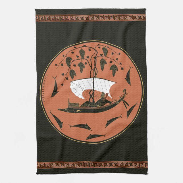 Dionysus Cup: Greek God on Ship w Vines & Dolphins Kitchen Towel (Vertical)