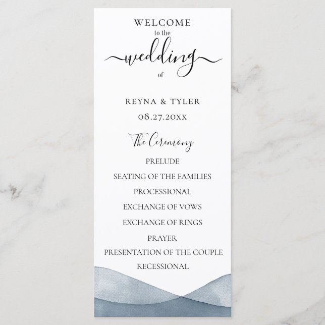 Dip Dye Blue Watercolor Wedding Program (Front)