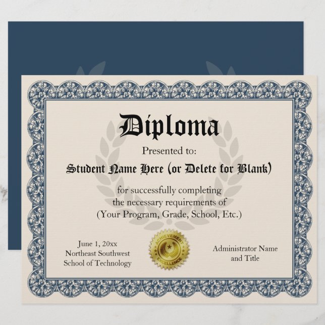 Diploma Certificate of Graduation Blue 8.5x11 (Front/Back)
