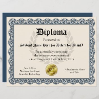 Diploma Certificate Of Graduation Blue 8.5x11 by cutencomfy at Zazzle