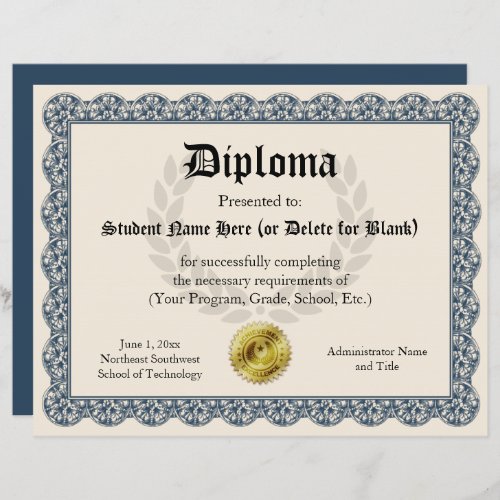 Diploma Certificate of Graduation Blue 85x11